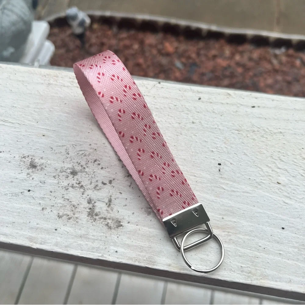 Handmade Pink Peppermint Candy Cane Keychain Wristlet